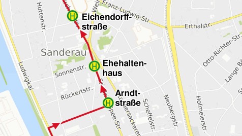 Linienweg SEV-Busse Linie 4 stadteinwärts