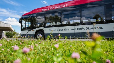 Elektrobus steht neben grüner Wiese